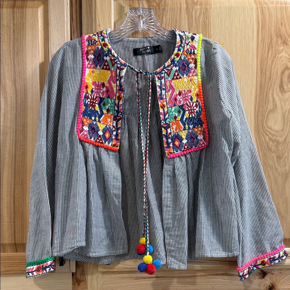 Paper Heart Black White Striped Colorful Embroidered Boho Women’s Tie Top Sz M
